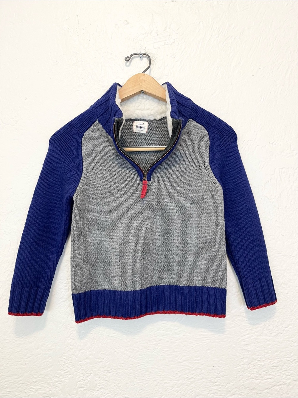 Mini Boden Boys 6-7y Quarter Zip Sweater Blue Gray Sherpa Collar
